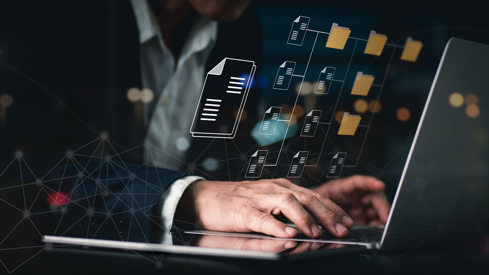 A guy using a Document Management System (DMS), an online documentation database, and process automation to handle files effectively, Corporate business technology.