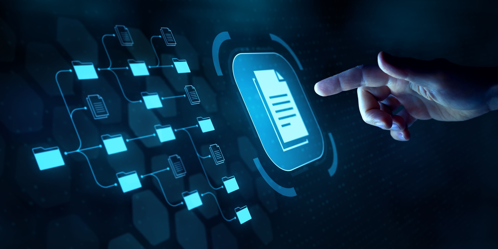 Document management system (DMS) and business process automation technology. Finger touching document icon on virtual screen. File storage and archiving. ERP. Folder structure.